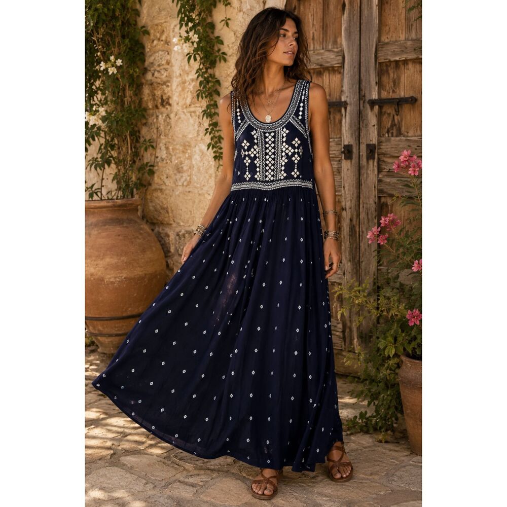 Embroidered Maxi Dress | Boho Festival Mirror Detail | Navy Flowy Indie Folk 12
